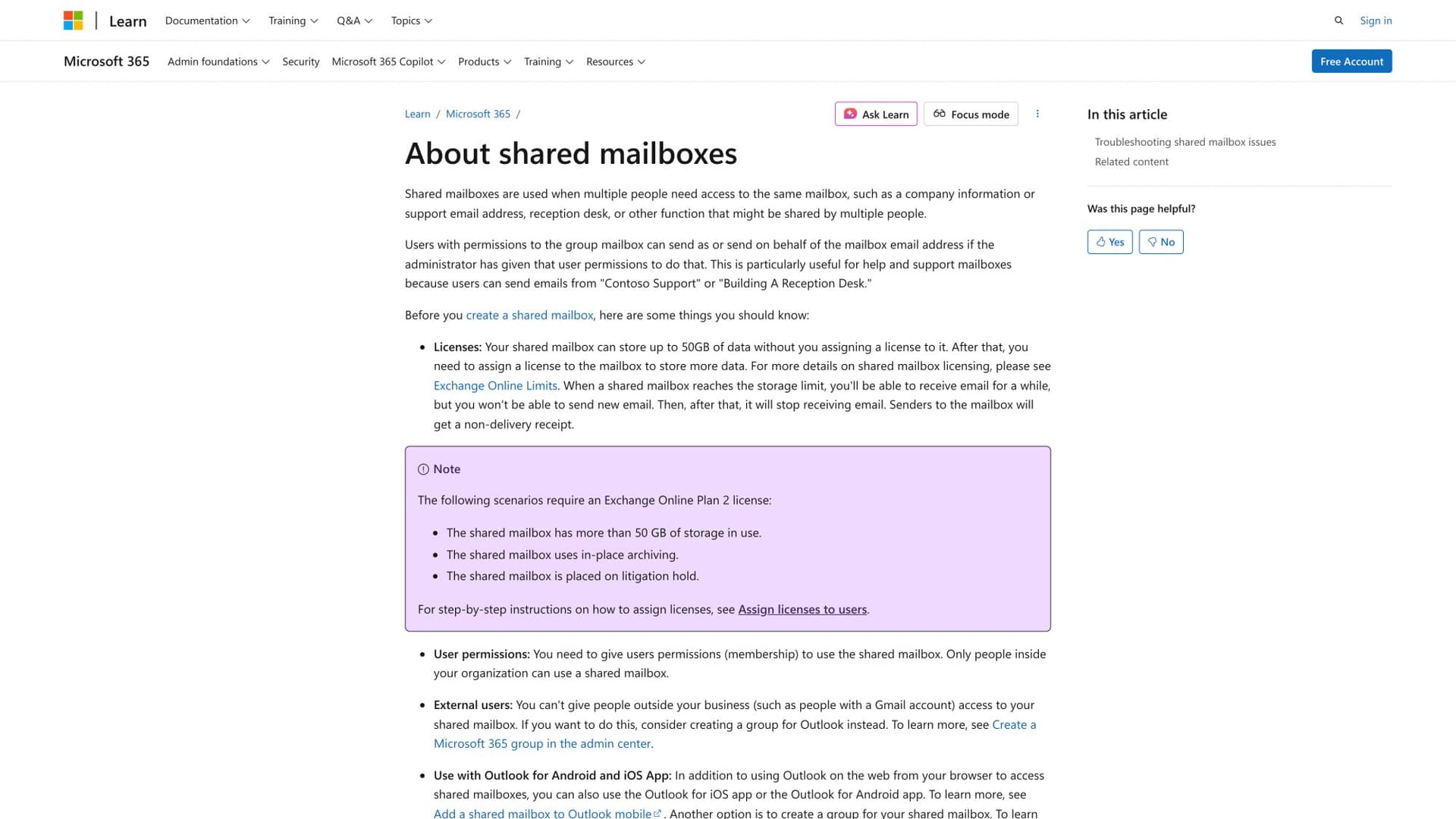 Microsoft 365 Admin Center documentation explaining shared mailbox setup and permissions management