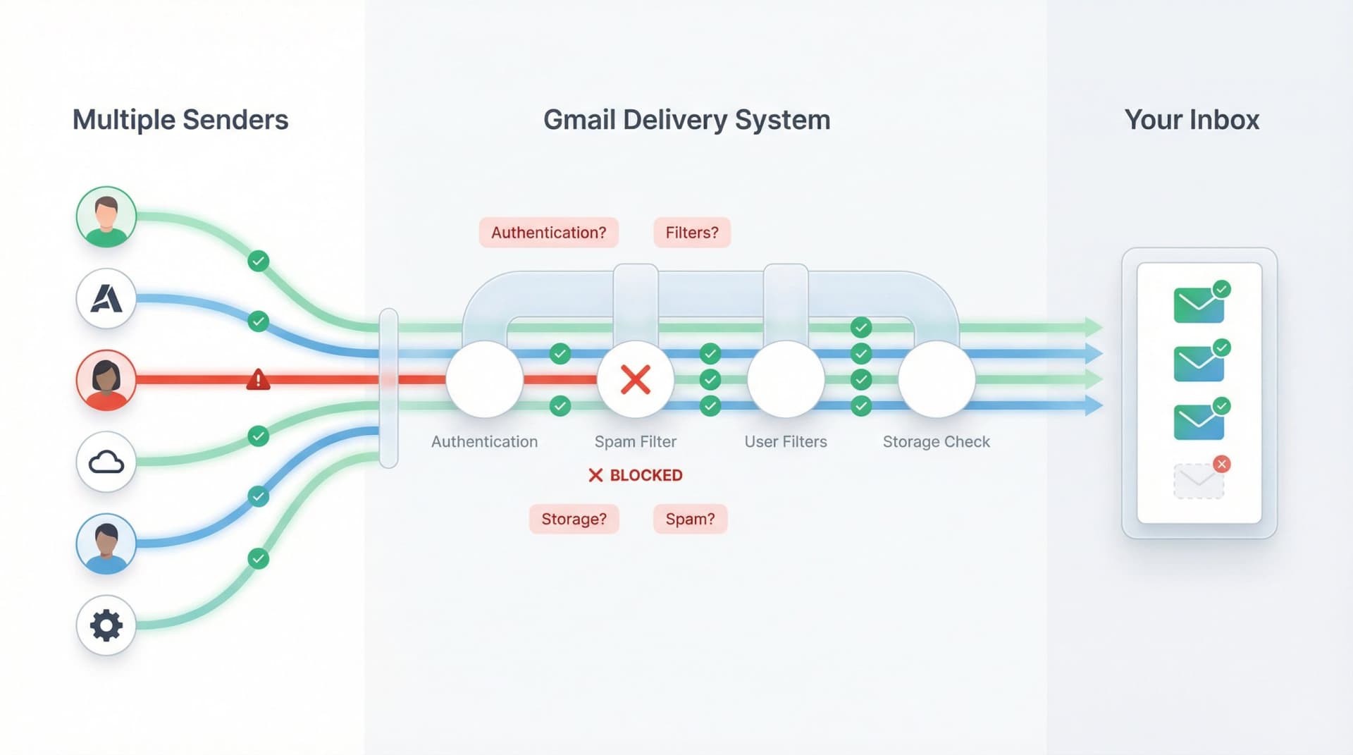 Diagram showing multiple email senders successfully reaching Gmail inbox while one specific sender is blocked in the delivery pipeline