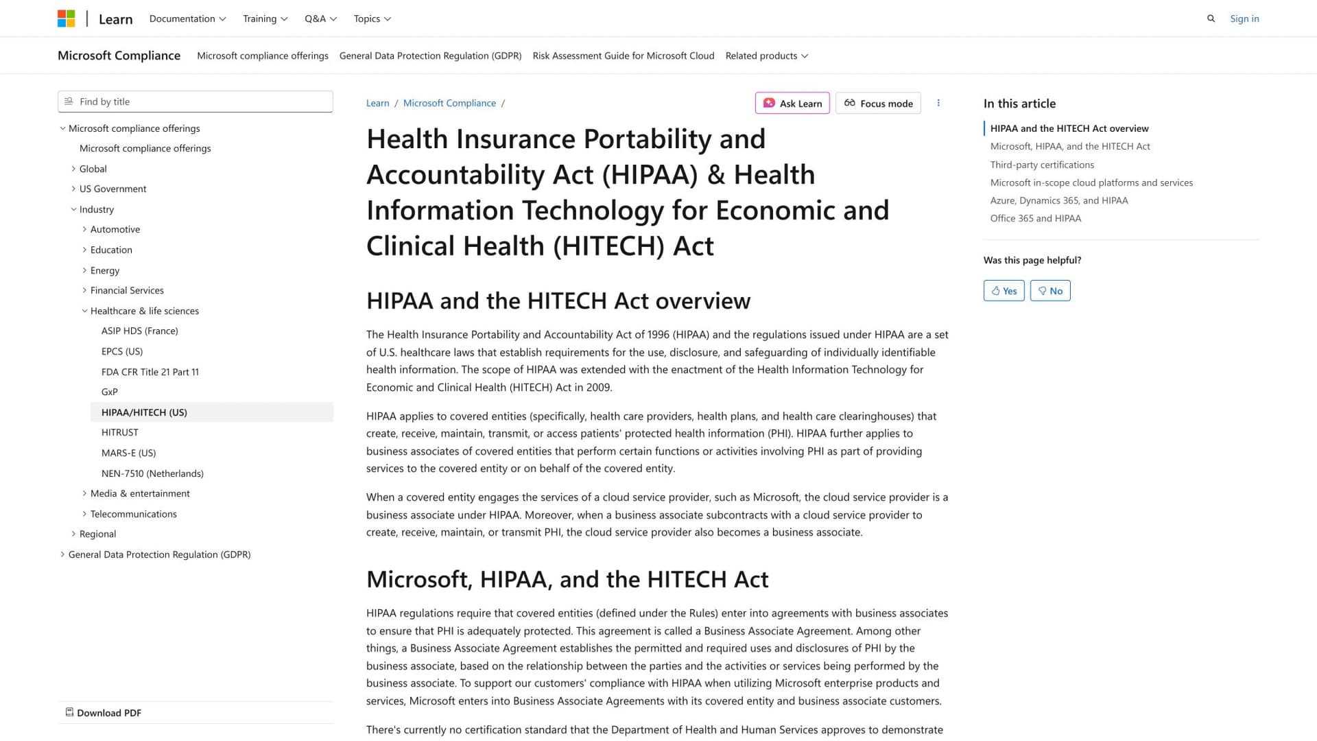 Microsoft Learn documentation page detailing Microsoft 365 HIPAA and HITECH compliance capabilities
