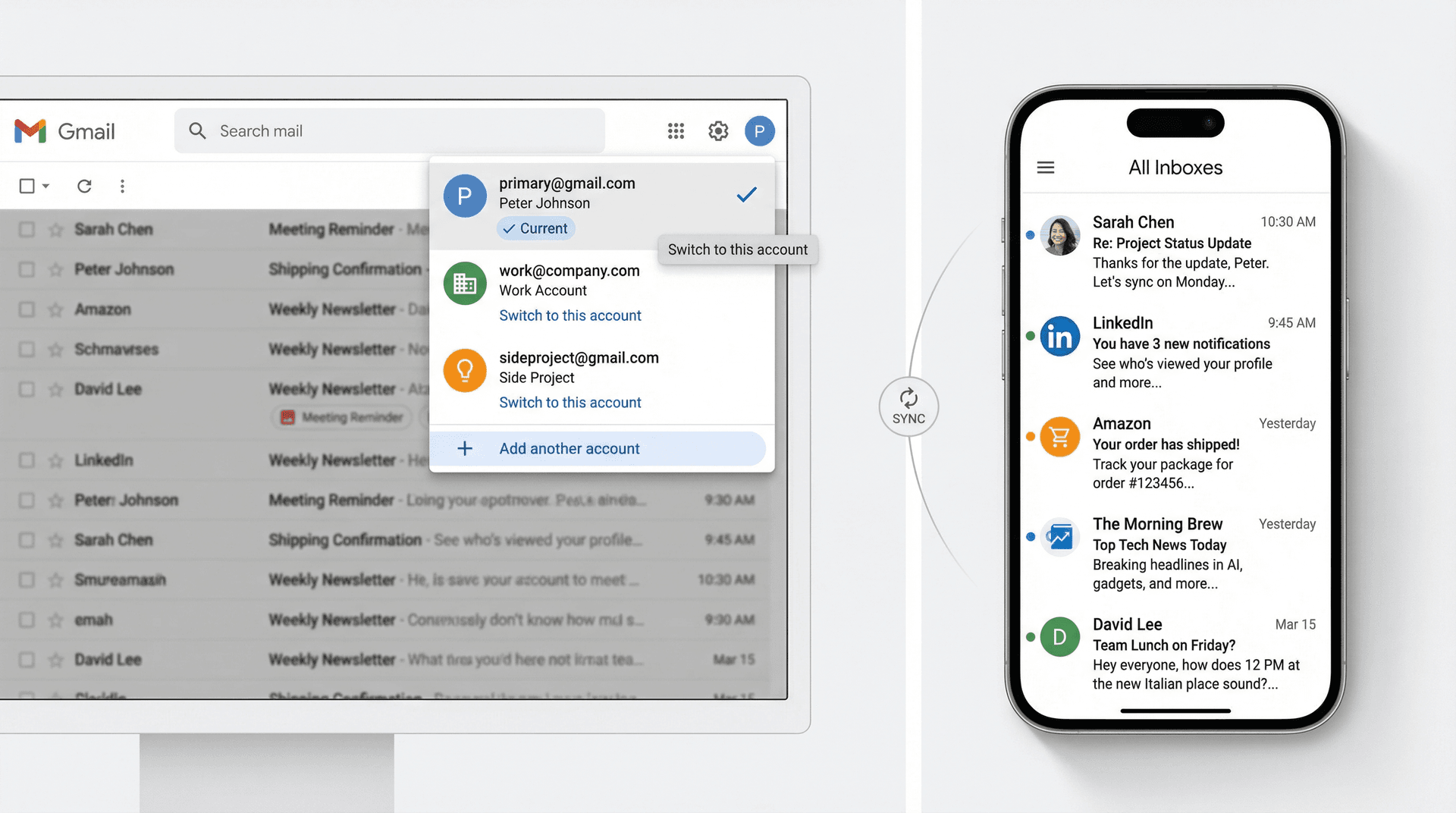 Gmail multi-account switcher interface showing All Inboxes view across work, personal, and side project accounts