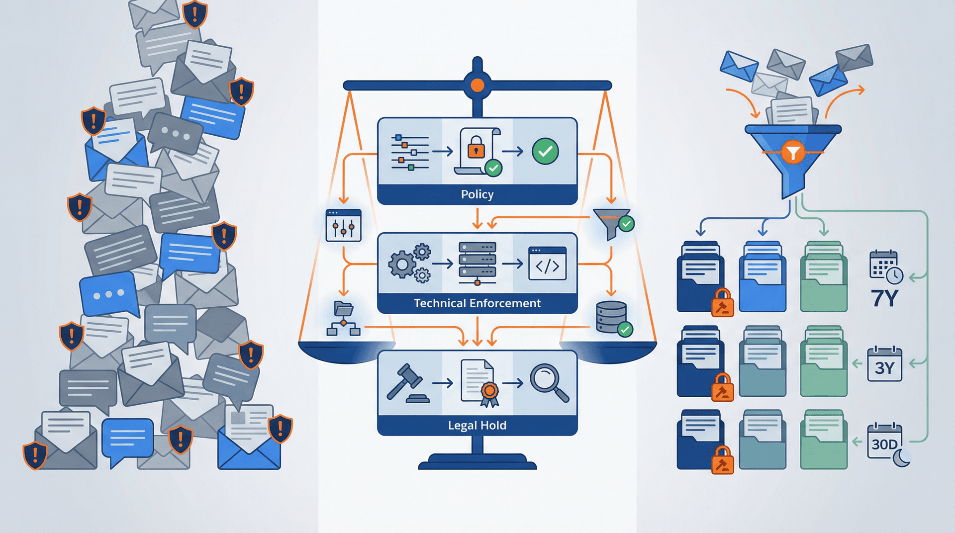 Enterprise email retention policy visualization showing the balance between keeping records and managing liability
